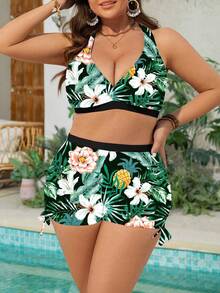 Swim Lushoire Damen Große Größen 3-teiliges bedrucktes Tankini Set, locker geschnittener schlankmachender Badeanzug