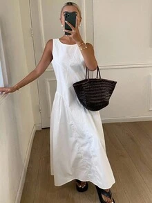 DAZY Đầm suông cổ tròn ôm sát màu trơn không tay xẻ tà thường ngày dành cho nữ, mùa thu - trắng - Xem 4