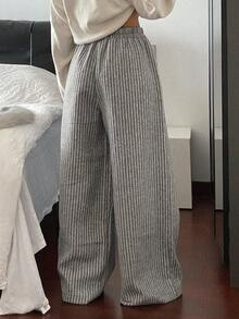 Livesso Women's Loose Straight Leg Wool Blend Pants, Casual Business Commuter Style With Contrast Stripe Patchwork, Suitable For Autumn Fall And Winter