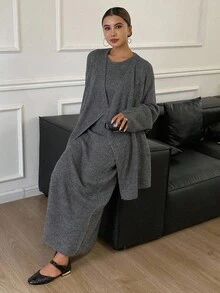 Livesso Women's Loose Jacket And Fitted Dress 2 Pieces Set, Autumn - Grey - View 4