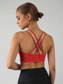 SHEIN Áo bra thể thao thấm hút mồ hôi dành cho bé gái tuổi teen, có đệm mút tháo rời, dây đeo chéo lưng, phù hợp cho yoga và các hoạt động thể thao. - Đỏ - Xem 1