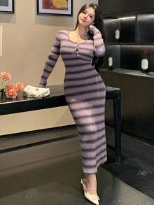 DAZY Vestido de suéter ajustado de mujer en color morado, nueva llegada de otoño/invierno