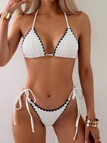 Swim Chiccia 夏季海灘對比邊繡V領領口頸挂比基尼套裝