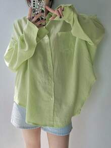 DAZY Camisa suelta asimétrica de un solo pecho de unicolor para mujer, blusas de manga larga, ropa de otoño - Verde - Ver 4