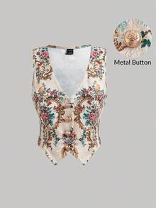 SHEIN MOD 复古宫廷公主金属纽扣背心，秋冬女装，背心，海滩，派对，返校节，早午餐女装，秋季婚礼宾客背心，优雅，复古背心，工作教师背心，老钱风格背心，90 年代服装，乡村核心，韩国时尚，邮轮女装，乡村上衣，文艺复兴博览会 - 彩色 - 查看 1