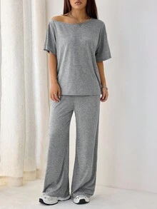 SHEIN PETITE 女款灰色夏季休閒日常兩件套，極簡街頭風露肩T恤與寬腿運動長褲套裝，基礎日常穿著衣物，適合嬌小女性 - 灰色 - 查看 12