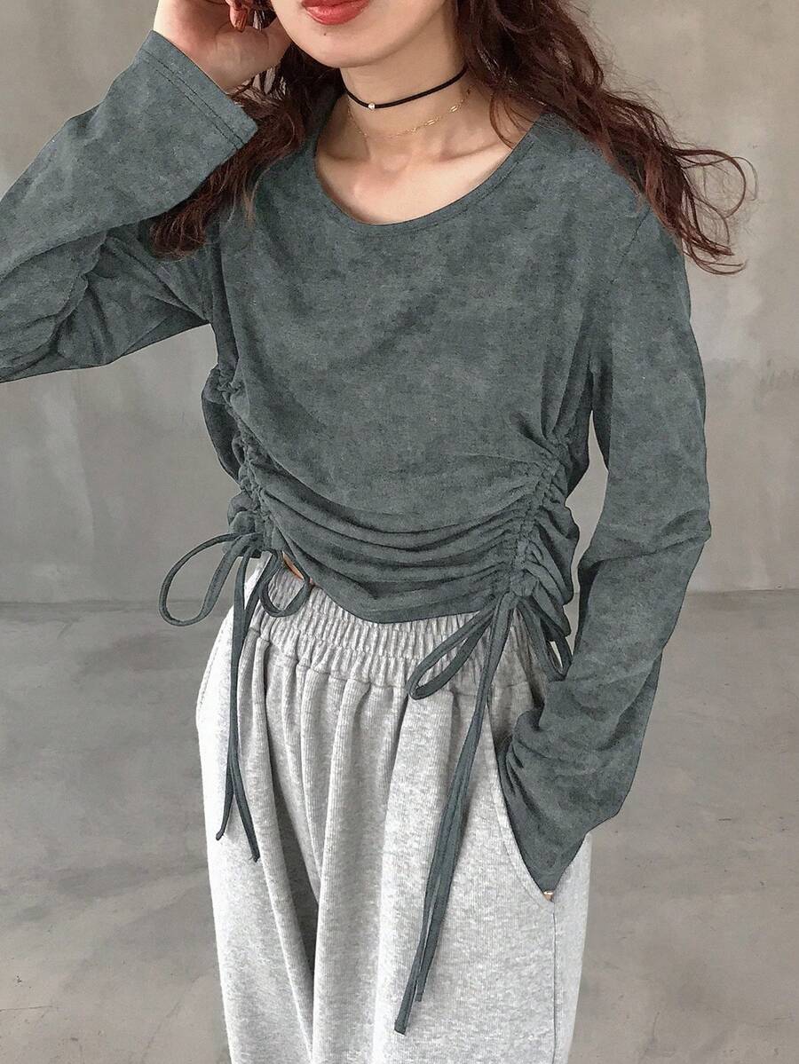 FRIFUL Women's Round Neck Long Sleeve Casual Loose T-Shirt With Drawstring Hem Gray Top Long Sleeve Top Cinched Waist Top Tie Up Top Ruched Top - Grey - View 1