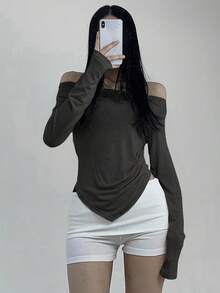 DAZY 女式不对称下摆褶饰露肩长袖休闲 T 恤，秋季女装 - 深灰色 - 查看 2