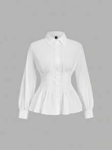 SHEIN MOD 大码纯色褶腰长袖衬衫\女士优雅纯色褶腰长袖衬衫、秋季上衣、女式工作上衣 - 白色 - 查看 2