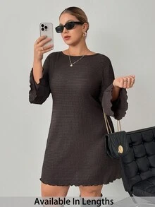 SHEIN PETITE CURVE 大码女式休闲纯色优雅喇叭袖连衣裙 - 棕色 - 查看 1