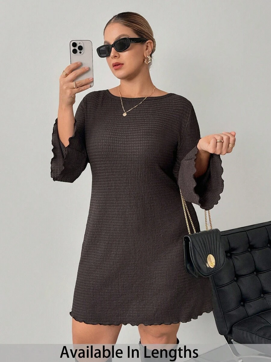 SHEIN PETITE CURVE 大码女式休闲纯色优雅喇叭袖连衣裙 - 棕色 - 查看 1