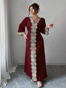 Elenzga 大码女装春夏休闲通勤时尚都市女性风格独特经典复古蕾丝定位精致设计感外国度假旅行长袖庄重奢华长裙 - 酒紅色 - 查看 4