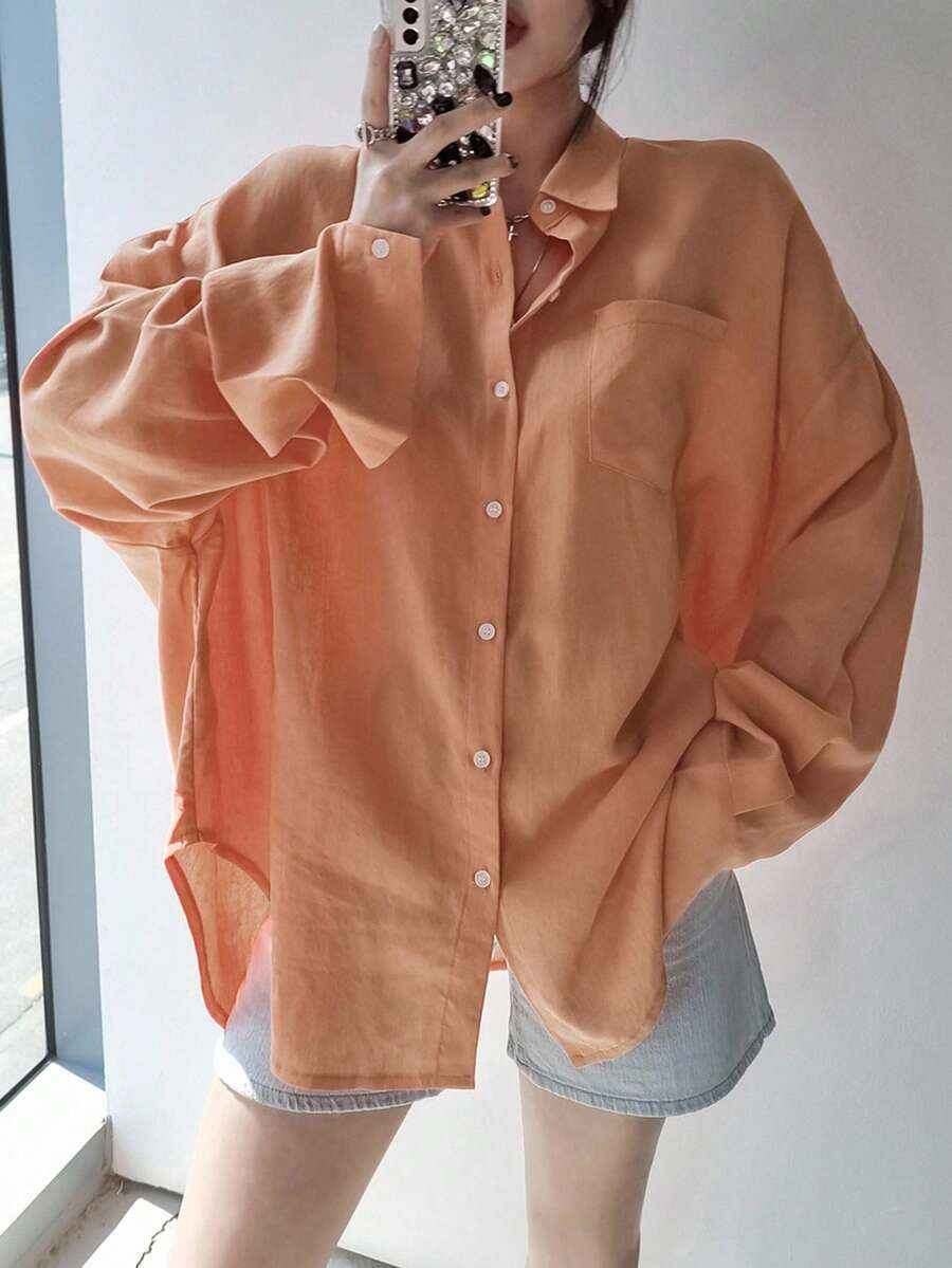 DAZY Áo sơ mi nữ cổ bẻ rộng màu trơn, dáng rộng, áo dài tay thời trang thu đông - Màu Cam cháy - Xem 1