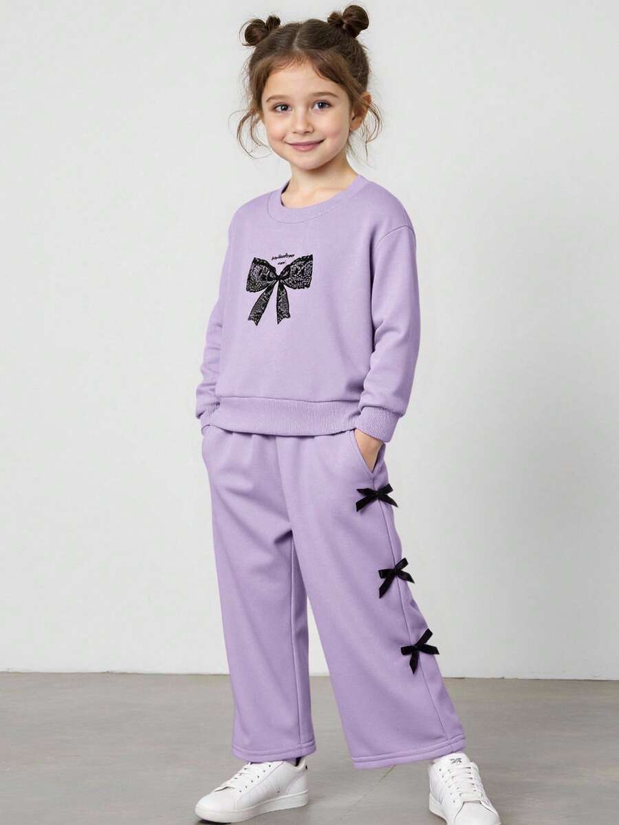 JNSQ 2pcs Young Girl Outfit Set, Butterfly Print Sweatshirt & Casual Sweatpants, Comfortable Sporty Suit For Autumn/Winter Daily Wear, Outdoor, Vacation, Street Style, Party & Leisure Fall - Purple - View 1