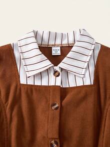 1pc Girls Corduroy Striped Shirt Collar Button Down Dress, Fashionable Casual Everyday Wear Fall Winter - Coffee - View 4