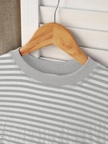 INAWLY 女士休闲条纹圆领落肩长袖T恤，简约时尚 - 淺灰色 - 查看 5