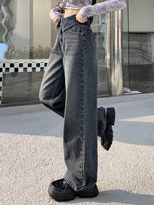 DAZY 女性高腰摺邊水洗牛仔褲 - 深色水洗藍 - 查看 2