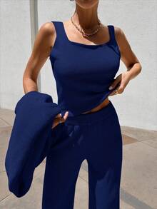 EURMUSE Women 3 Pieces Set TOP CARDİGAN AND PANTS - Navy Blue - View 8