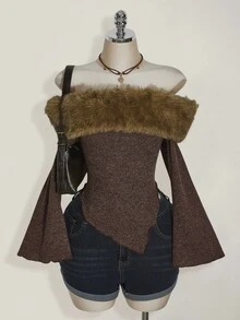 SHEIN ICON Große Größen Rollkragen Patchwork Off-Shoulder Brauner Y2K Vintage Strickpullover