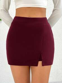 SHEIN EZwear Jupe rouge vin d'automne pour femmes avec fentes latérales - Rouge foncé - Voir 3