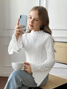 SHEIN Tween 女童休闲优雅纯色纹理针织荷叶边领喇叭袖 T 恤上衣，适合返校和日常穿着 - 白色 - 查看 4