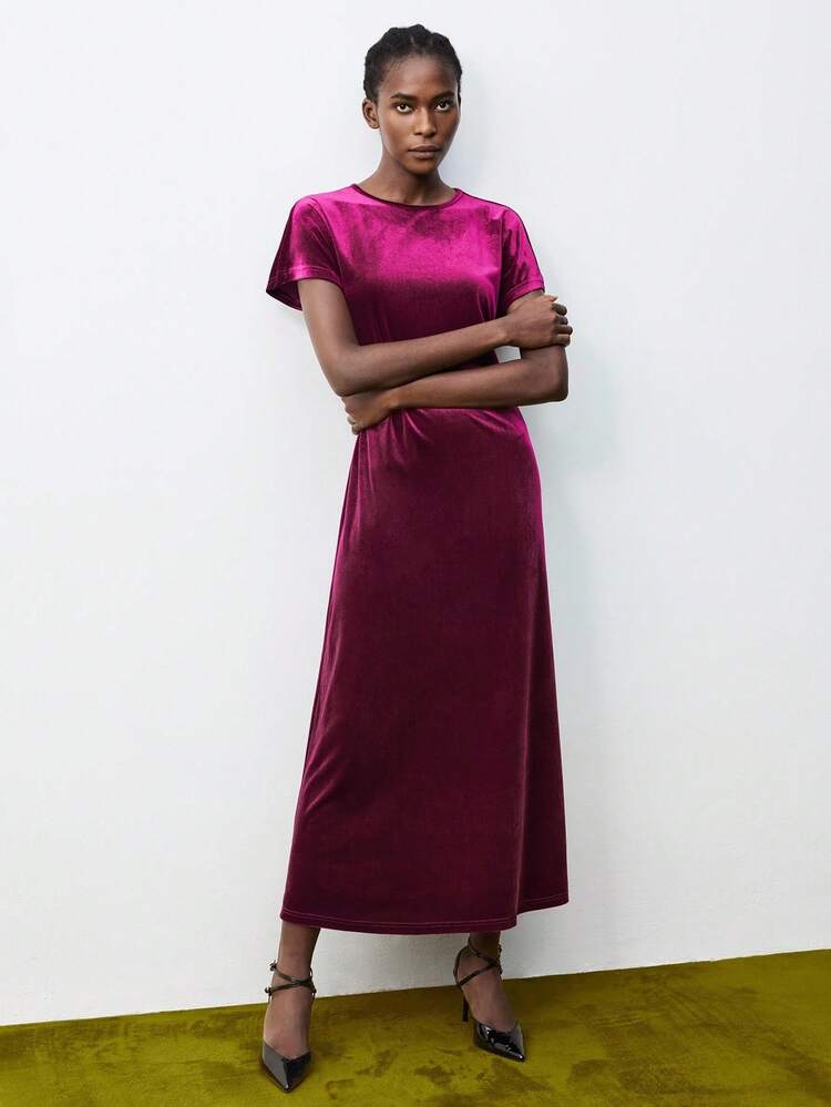 SHEIN Maija Women's Solid Color Round Neck Short Sleeve Casual Long Dress Purple Velvet Dress Velvet Dress For Women Autumn Outfits For Women Autumn Outfits For Women Saudi National Day New Year Dress Elegant Dresses For Women Old Money Elegant Dresses For Party Christmas Dress Thanksgiving Outfit For Women Party Outfit Halloween Costume Women New Year Women Wedding Guest Dress  Women Dresses Autumn Winter Christmas