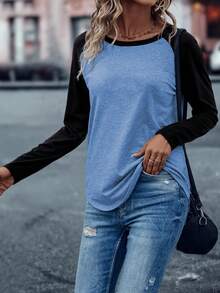 EMERY ROSE Colorblock Raglan Sleeve Tee Graphic Tees Women Tops - BLUE AND BLACK - View 6