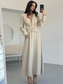 Aloruh Vestido de mujer de unicolor, de cuello en V profundo, de manga larga, con fruncido en la cintura y decoración metálica, de moda sexy y de largo medio - Caqui - Ver 6