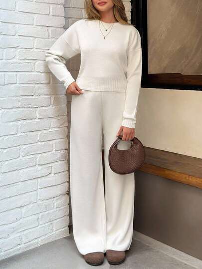 EURMUSE Women Casual Minimal Chic 2 Pieces Knit Set Solid Ecru Long Sleeve Pullover Sweater Top With Wide Leg Pants Cozy Casual Lounge Matching Outfit Two Piece Set Women Comfy