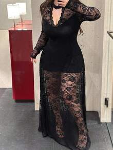 Vibekara Plus Size Women's V-Neck Long Sleeve Lace Patchwork Hollow Out Mermaid Elegant Vintage Cute Sexy Slim Maxi Dress Black Lace Dress Wedding Guest - Black - View 8