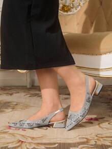 CUCCOO TILAWA Zapatos de tacón bajo con punta francesa y cómodos de usar, con aplicaciones de strass, nuevos para verano 2026 para mujeres - Plateado - Ver 3