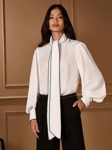 Lilora 女士休闲通勤优雅长袖系带前衬衫简约优雅系带衬衫冬季女士衣服高端精致优雅 - 白色 - 查看 5