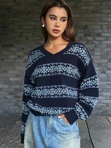 DAZY Suéter holgado de punto con cuello en V, estampado floral jacquard, manga larga, estilo casual retro para mujer, otoño/invierno - Azul Marino - Ver 1