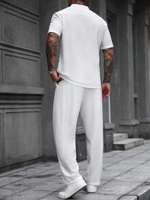 Manfinity Homme 男士两件套，男士衬衫套装男士白色两件套裤子套装男士两件套，男士休闲装和极简主义百搭，适合日常通勤旅行男士两件套服装白色 - 白色 - 查看 2