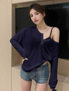 DAZY Kaos Longgar Model Bahu Jatuh Polos untuk Musim Semi & Musim Panas, Atasan Preppy Lengan Panjang Wanita, Penutup untuk Pakaian Renang - Navy Blue - View 6