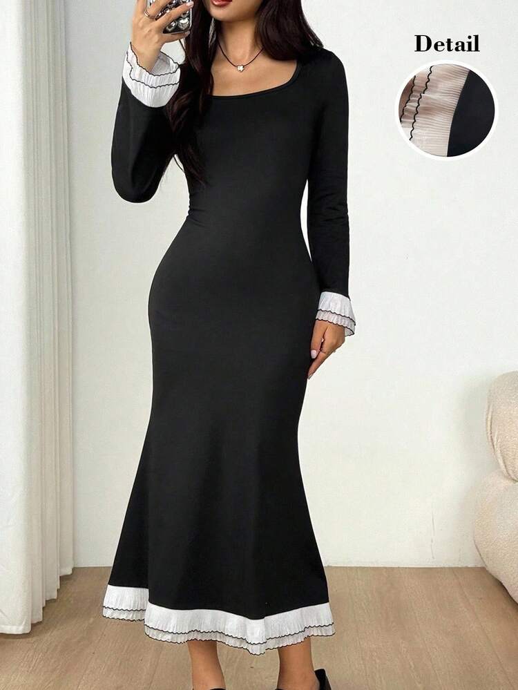 SHEIN Teen Girl Elegant Contrast Color Ruffle Hem Fishtail Dress Fall Winter - Black - View 1