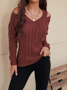 EMERY ROSE Áo len dệt kim cổ chữ V khoét lỗ cho trang phục năm mới - Rỉ Nâu - Xem 4