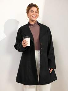 SHEIN Tall Mantel Panjang Wanita Ukuran Besar dengan Kerah Ramping dan Warna Polos - Hitam - View 3