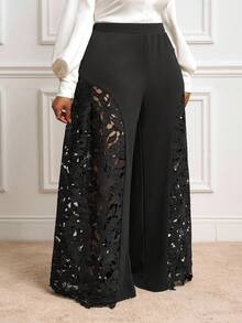 Veslaya Quần ống rộng phối ren dự tiệc thanh lịch mới 2025, Thu/Đông - màu đen - Xem 1