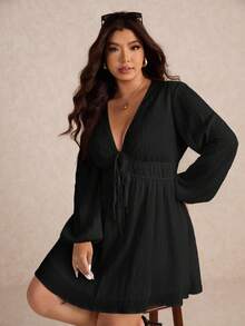 Elaquor Đầm thời trang tay loe buộc nơ cổ chữ V sâu màu trơn cỡ lớn cho nữ gợi cảm - màu đen - Xem 5