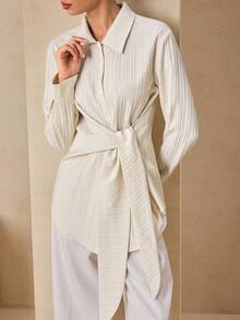 Graceveil Áo sơ mi nữ thắt eo ruy băng màu trắng kem, thích hợp cho lễ tốt nghiệp, mùa thu - Màu be - Xem 7