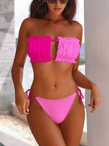 SHEIN Swim Summer Beach Two Tone Frill Bandeau Tie Side Bikini Set - Hot Pink - View 6
