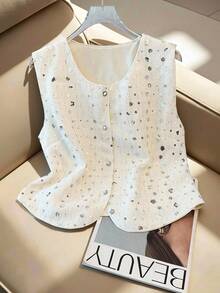 Franclia 女士优雅亮片梭织背心夹克 - 杏色 - 查看 1