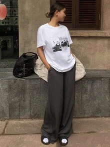 Livesso 女式短袖宽松圆领 T 恤，带标语和图案印花，夏季超大码 T 恤，图案 T 恤 - 白色 - 查看 6