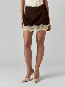 MISSGUIDED 女士蕾丝边迷你修身短裙秋冬优雅派对夜店装 - 棕色 - 查看 1