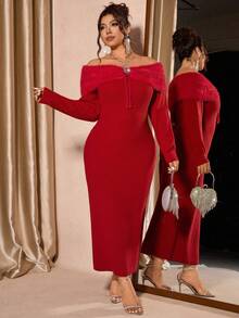Cravure Damen Kleid in Große Größen, luxuriöser roter Einsschulter-Fake-Fellkragen, hochelastisches figurbetontes Midi-Pulloverkleid, Schleifenkragen, Metallknöpfe, elegantes Damenkleid, geeignet für Silvesterparty, Weihnachten, Halloween-Party, Büromode - Rot - Übersicht 3