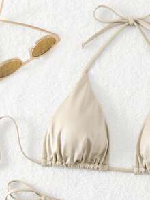Swim Basics Summer Beach Women's Solid Color Triangle Cup Halter Neck Tie Side Bikini Set Wedding - Beige - View 5