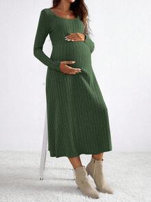 SHEIN Maternity Casual Sage Green Autumn Photoshoot Ribbed Knit Dress,Bump Friendly Solid Color High Waist Midi Dress - Army Green - View 4