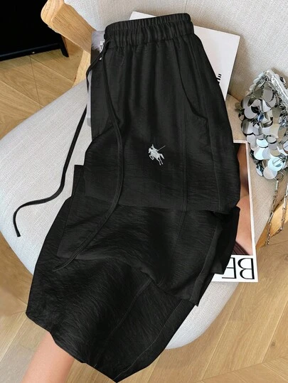 Jouncy 女式抽绳腰带骑士印花口袋宽腿宽松常规裤