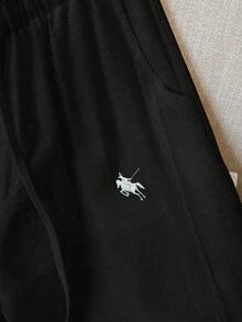 Jouncy 女式抽绳腰带骑士印花口袋宽腿宽松常规裤 - 黑色 - 查看 5